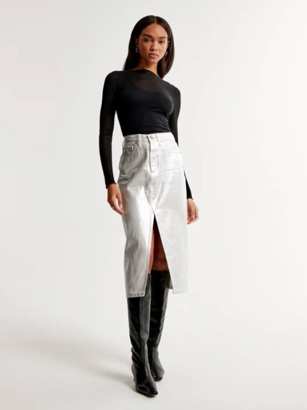 Abercrombie & Fitch | High Rise Metallic Silver Denim Midi Skirt | Size 28